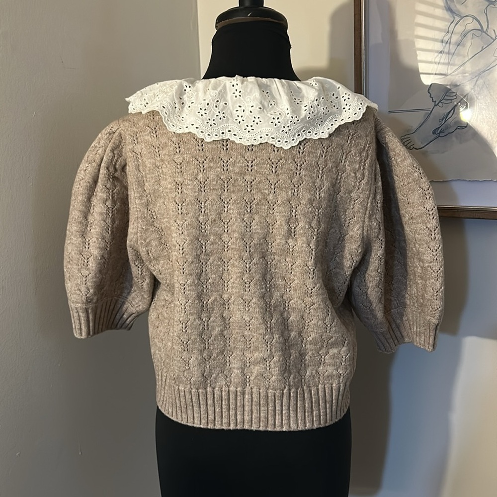 Women's Tan Cardigan Sweater with White Collar - Picture 4 of 6